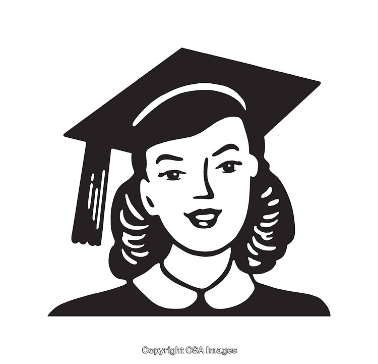 Retro Black and White Graduation Portrait Illustration of a Female Student