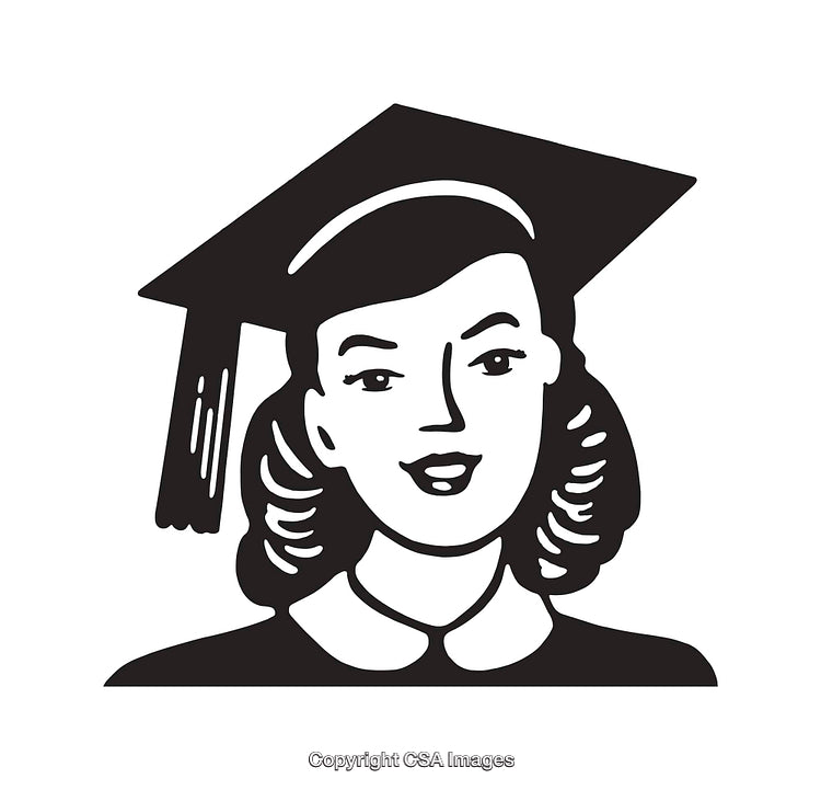 Retro Black and White Graduation Portrait Illustration of a Female Student