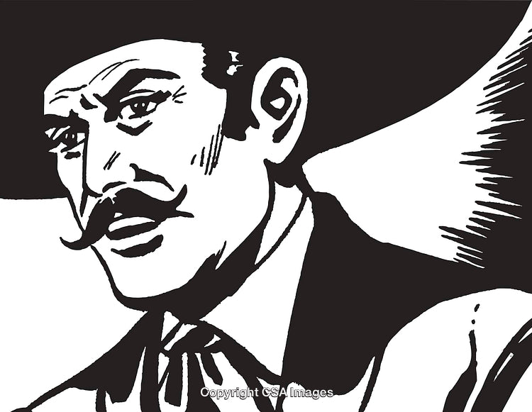 Vintage Western Cowboy with Mustache in Black and White Line Art