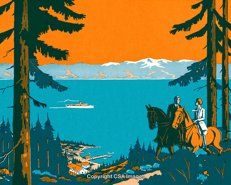 Vintage Style Illustration of Scenic Lake with Horse Riders and Boat