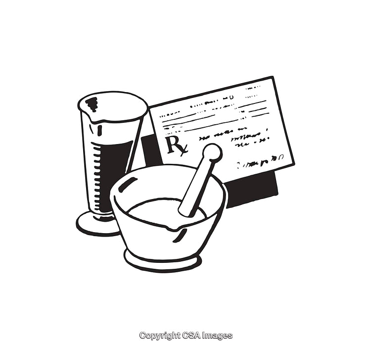 Black And White Illustration of Pharmacy Tools and Prescription
