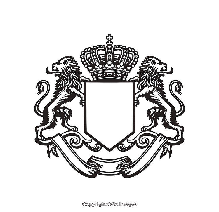 Elegant Black and White Crest Illustration Featuring Heraldic Lions and a Crown