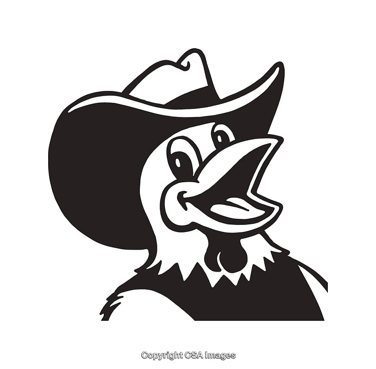 Cheerful Cartoon Chicken in Cowboy Hat Black-and-White Line Art