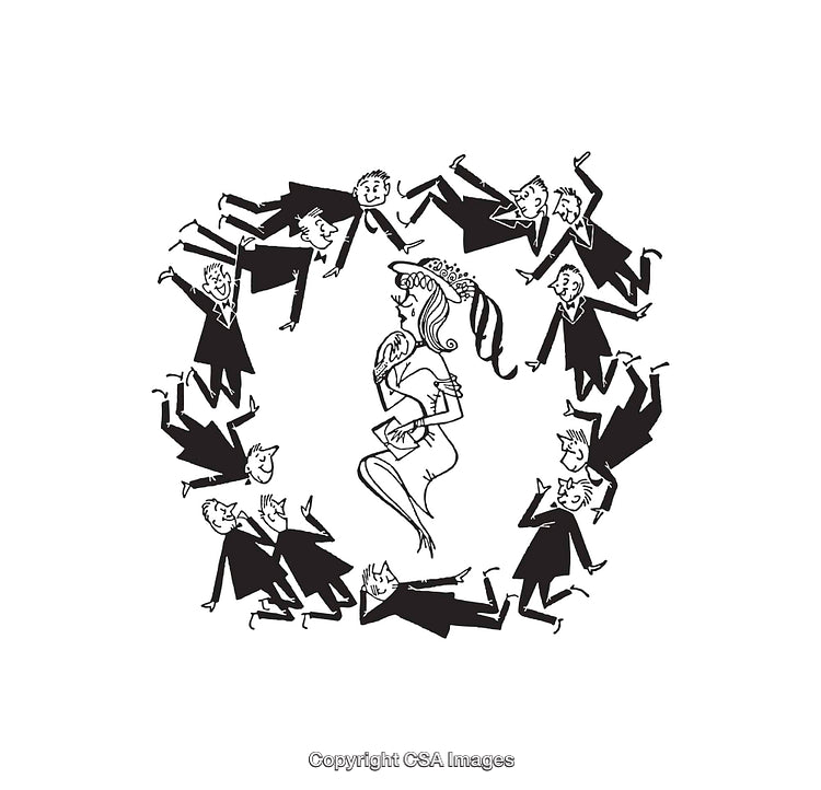 Black and White Line Art of Woman Surrounded by Playful Figures