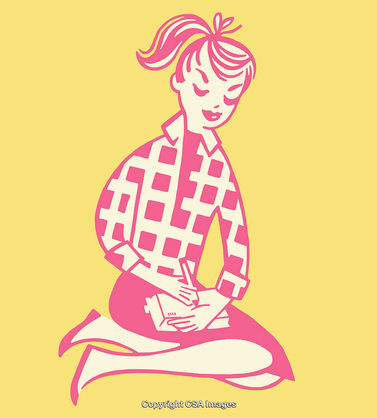 Colorful Graphic of Girl Writing in Notebook on Yellow Background