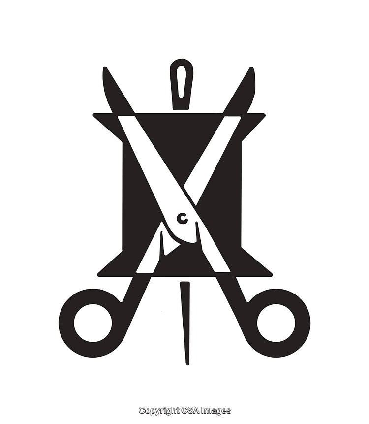Black and White Sewing Icon Featuring Scissors and Thread Elements