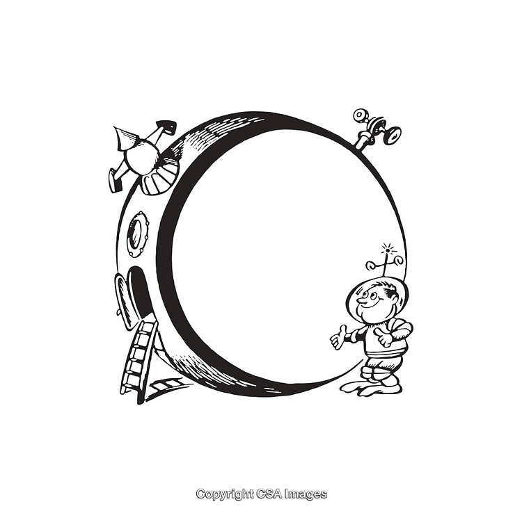 Whimsical Illustrated Scene of Space Characters and a Moon in Black and White