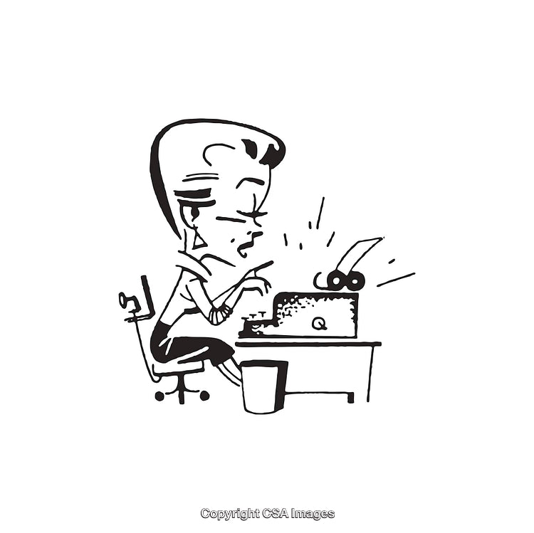 Black And White Line Art of Person Typing on Typewriter at Desk