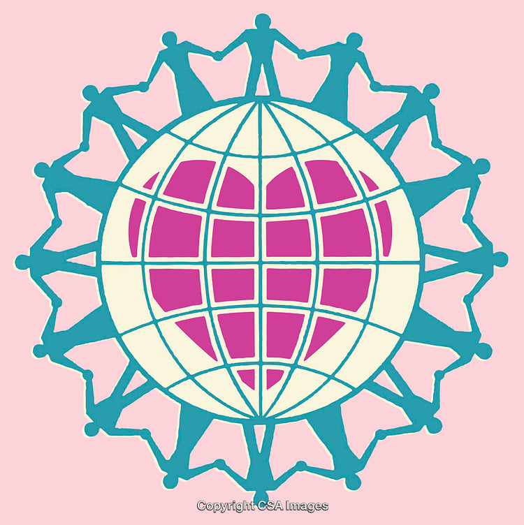 Global Unity With Figures Holding Hands Around Planet Earth
