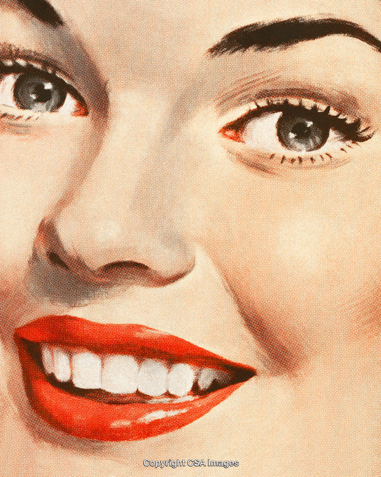 Close-Up of a Vintage Woman's Smiling Face with Bright Red Lips