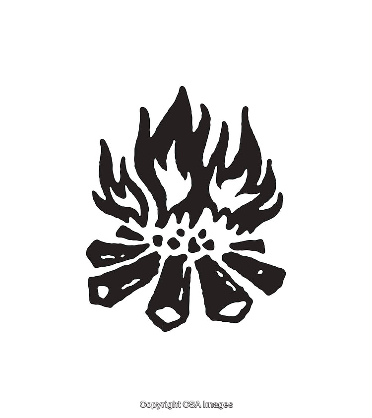 Black and White Fire Illustration Depicting Rustic Camping and Warmth