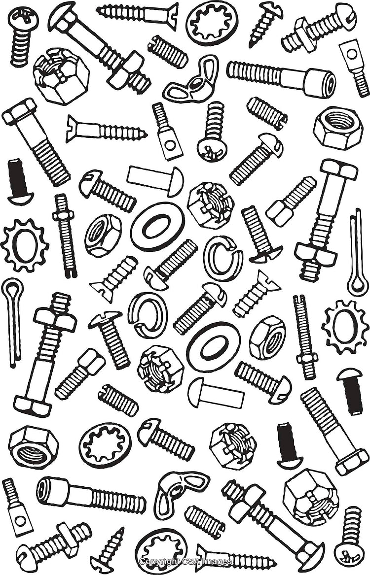 Black And White Pattern Featuring Screws, Bolts, Nuts, And Industrial Hardware