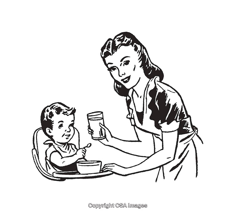Vintage Line Art Illustration of Mother Feeding Baby in High Chair