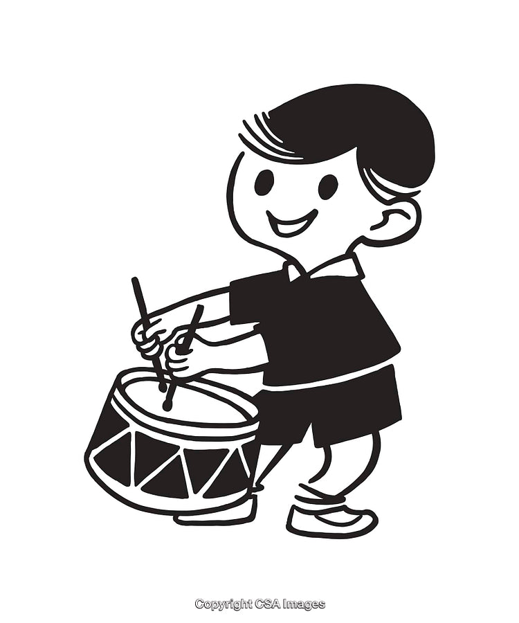 Black And White Illustration of a Smiling Boy Playing a Drum