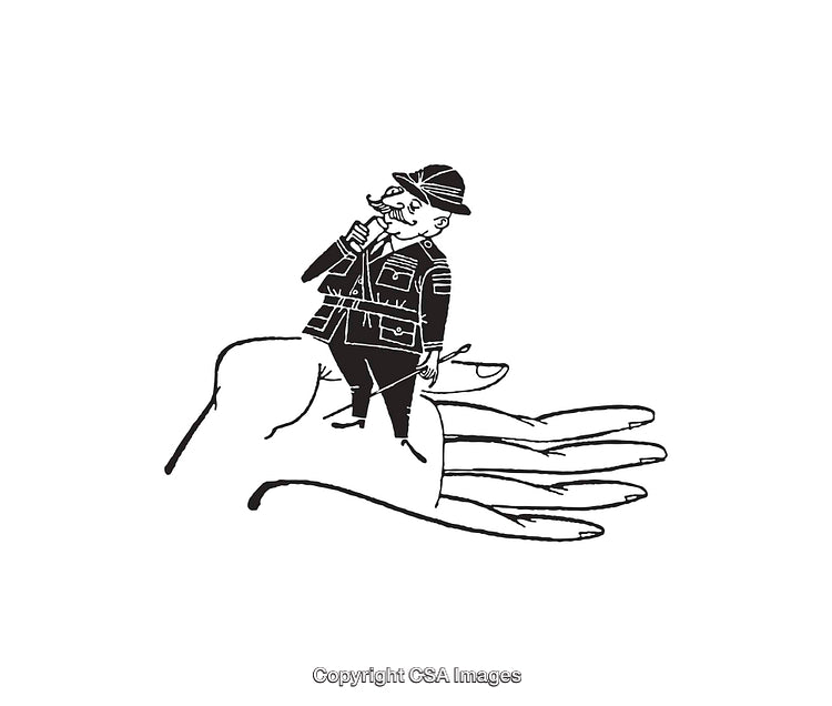 Whimsical Line Art of a Miniature Explorer Perched on a Hand