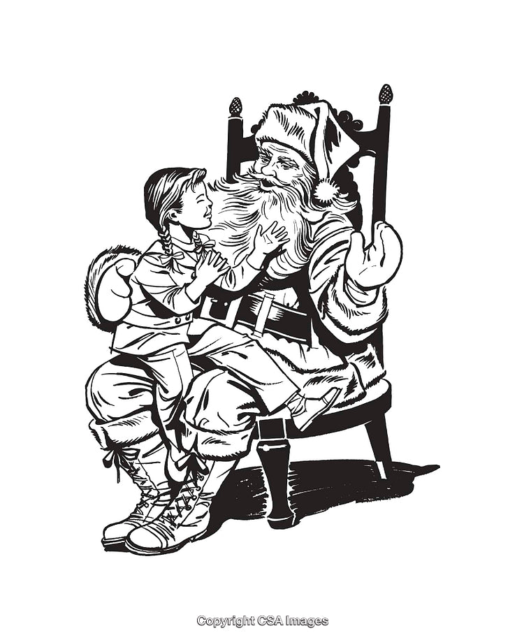 Black and White Illustration of Santa with Child on His Lap