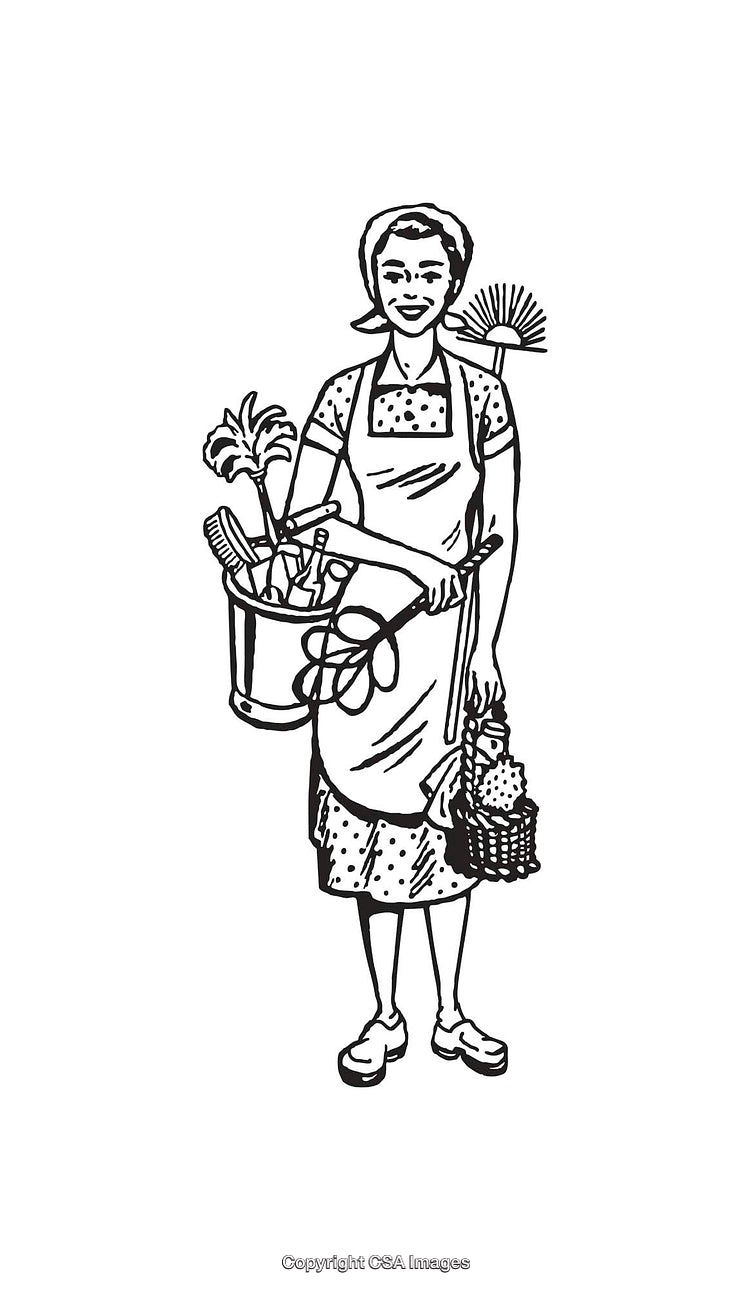 Black and White Illustration of a Woman Holding Cleaning Supplies