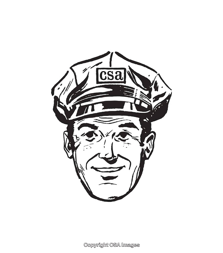 Retro Styled Black and White Illustration of a Smiling Man in Uniform