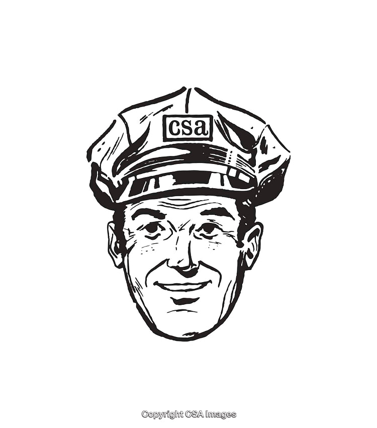 Retro Styled Black and White Illustration of a Smiling Man in Uniform
