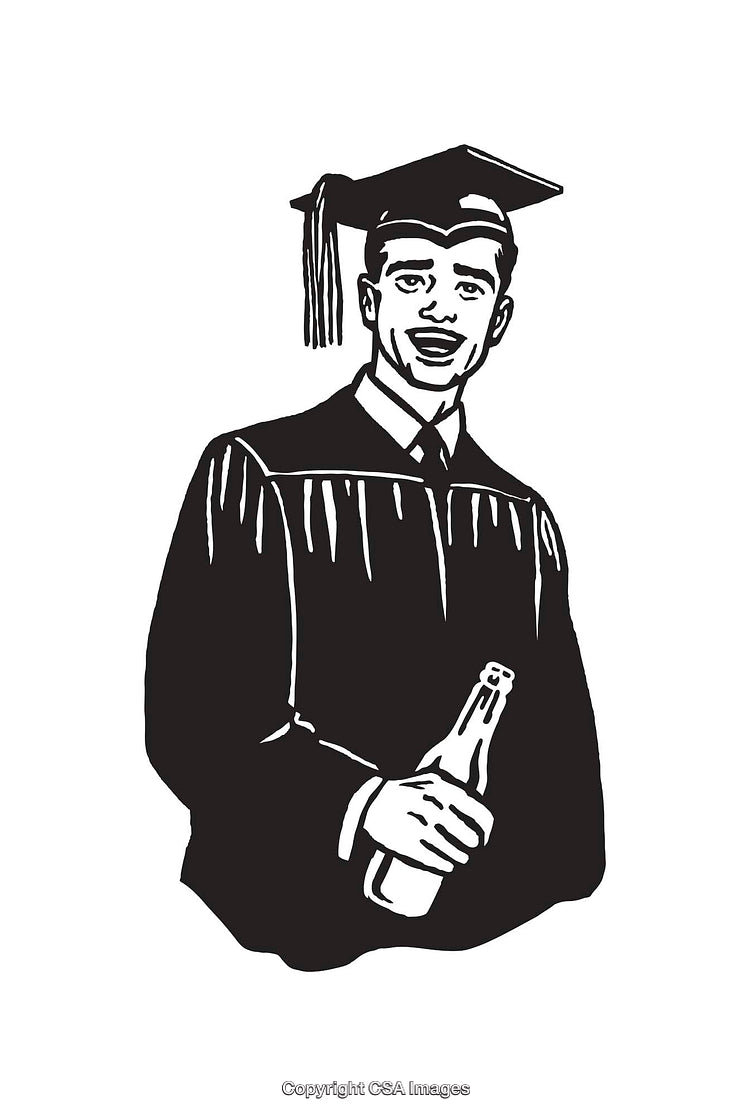 Black and White Line Art of Graduate Holding a Beverage