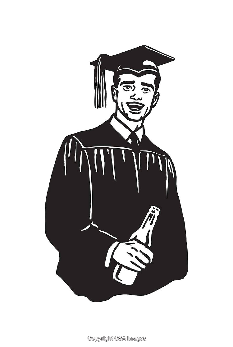 Black and White Line Art of Graduate Holding a Beverage