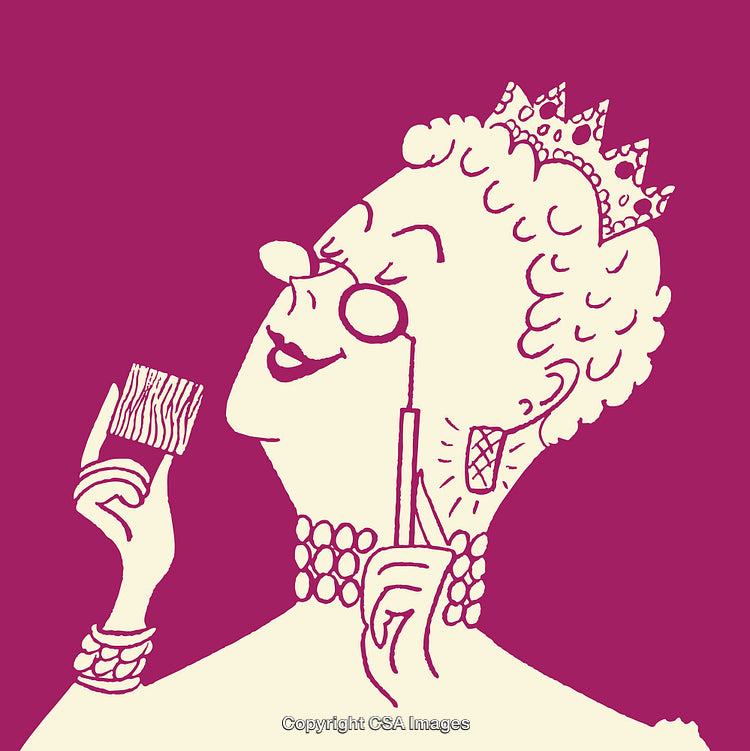 Whimsical Cartoon of a Queen Holding Cosmetics Accessories