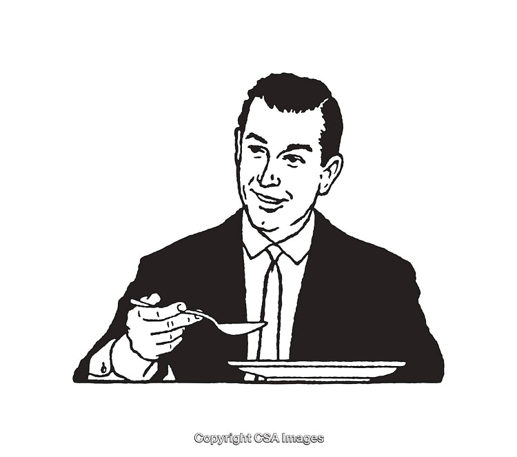 Retro Black and White Businessman Enjoying a Meal Illustration