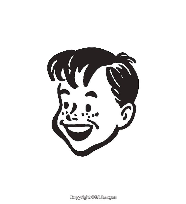 Black And White Retro Illustration of Smiling Freckled Boy's Face