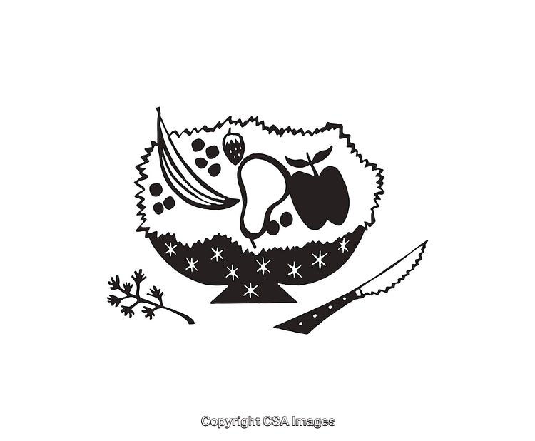 Black and White Line Art of a Fruit and Leafy Bowl Design