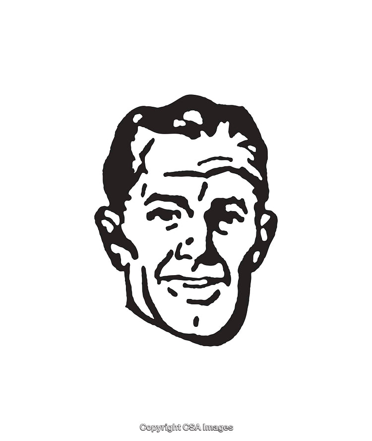 Retro Black and White Line Drawing of a Smiling Man's Face