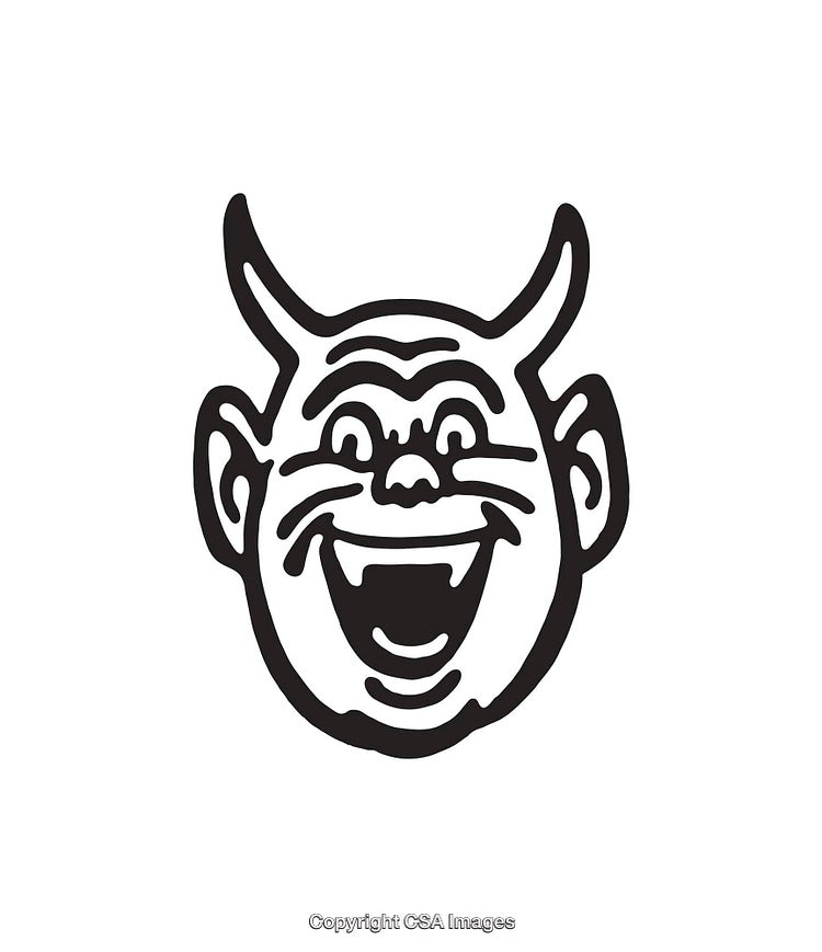 Black and White Line Art of Smiling Devil Face Illustration