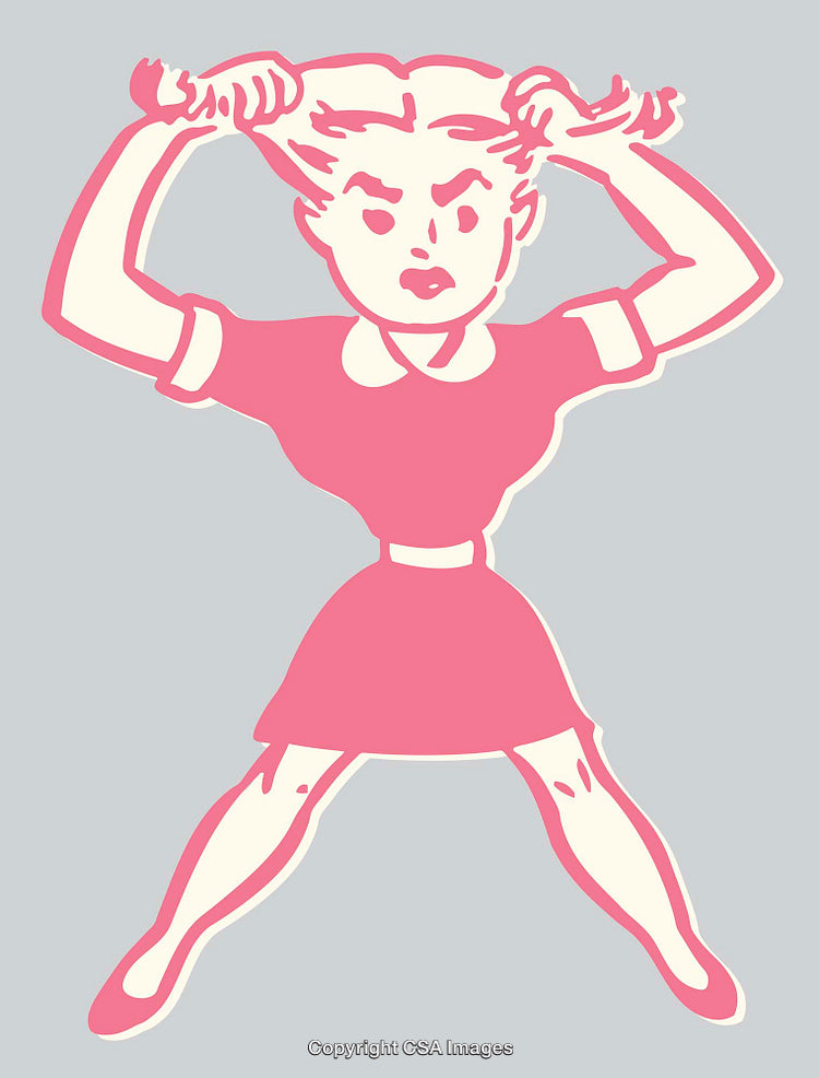 Retro Illustration of a Woman Expressing Frustration in Pink and Gray Tones