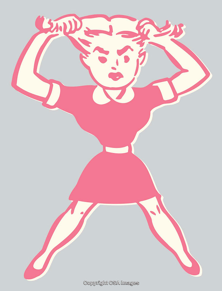 Retro Illustration of a Woman Expressing Frustration in Pink and Gray Tones