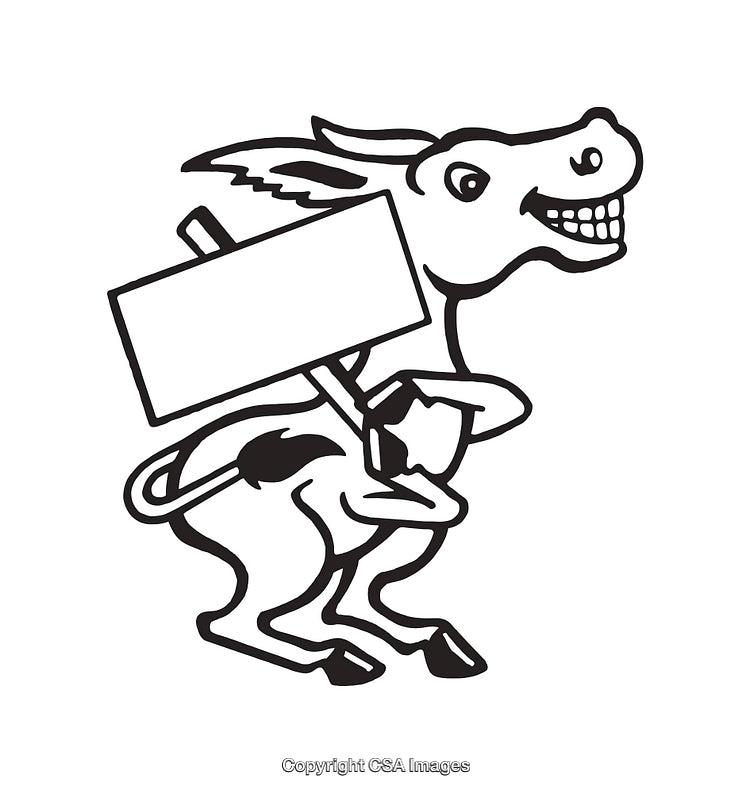 Black and White Line Art of Smiling Donkey Holding a Blank Sign