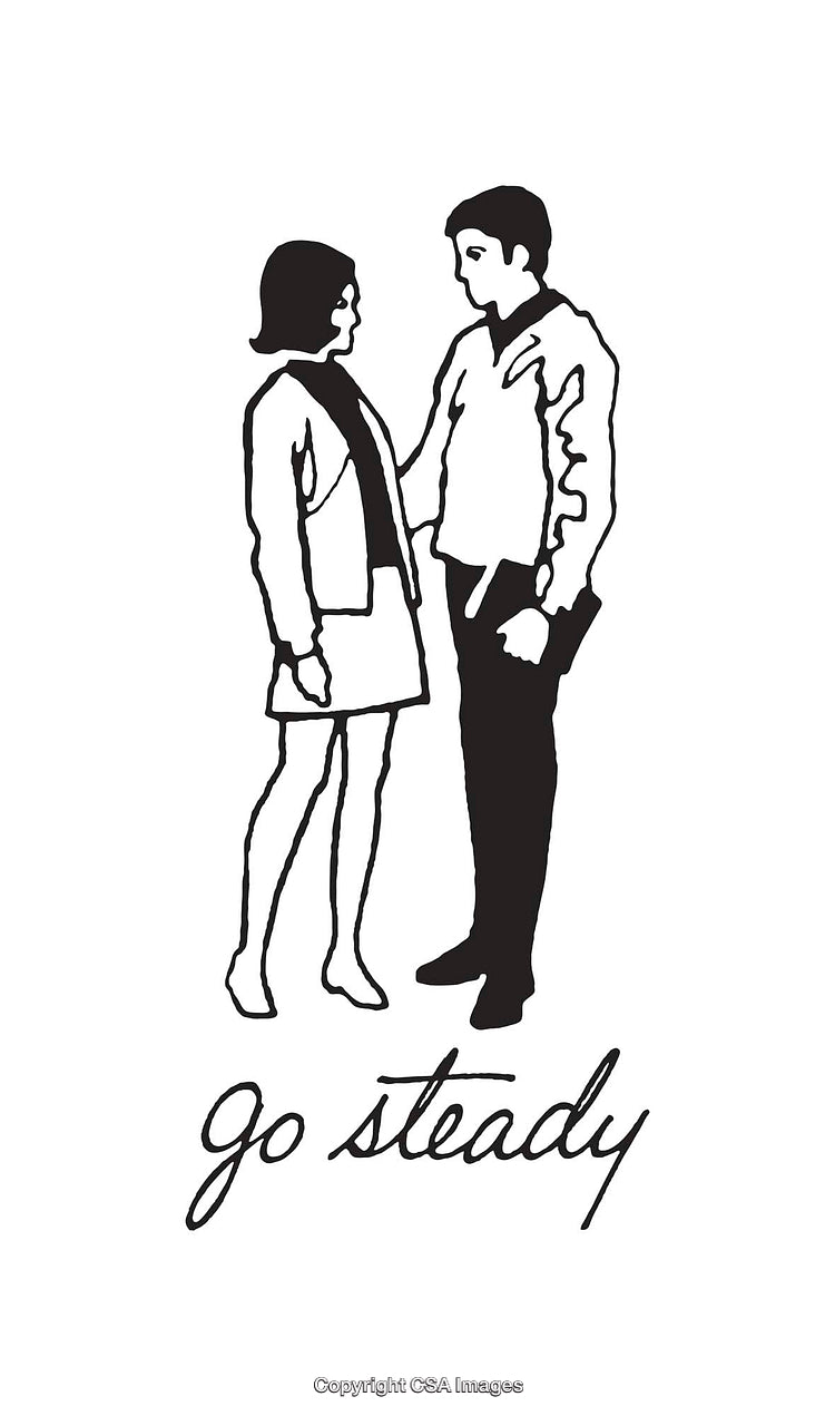 Black and White Line Art of a Couple With 'Go Steady' Text