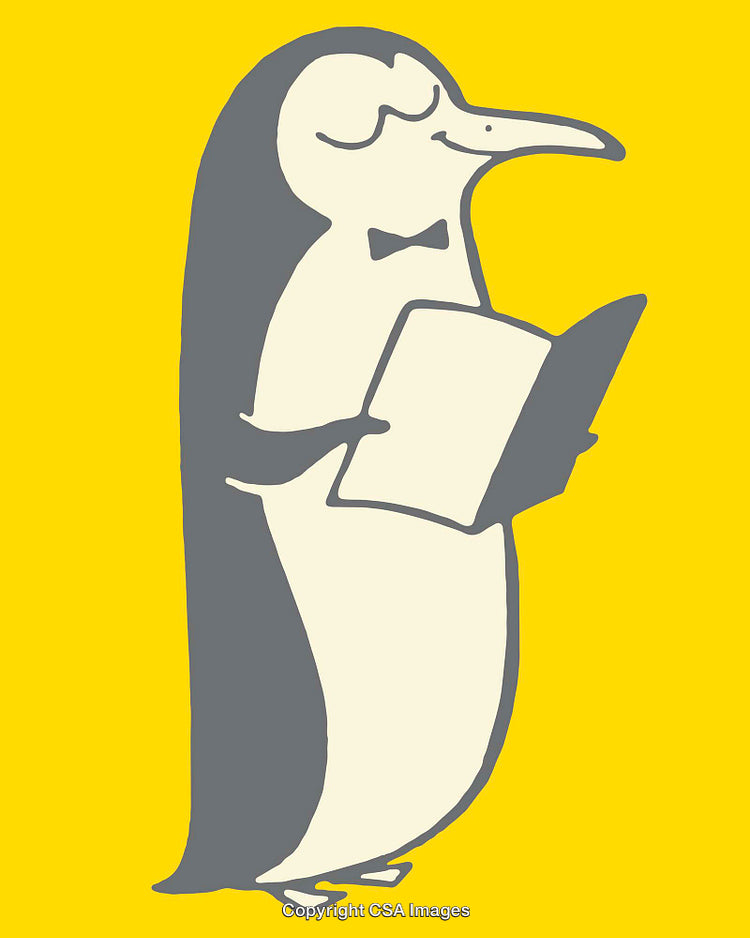 Illustrated Penguin Reading a Book with Yellow Background