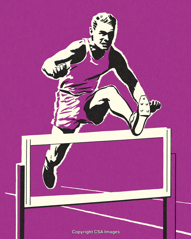Athlete Hurdling Over Obstacle on Purple Background in Stylized Artwork
