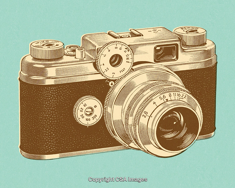 Vintage Illustration of a Classic Film Camera on a Blue Background