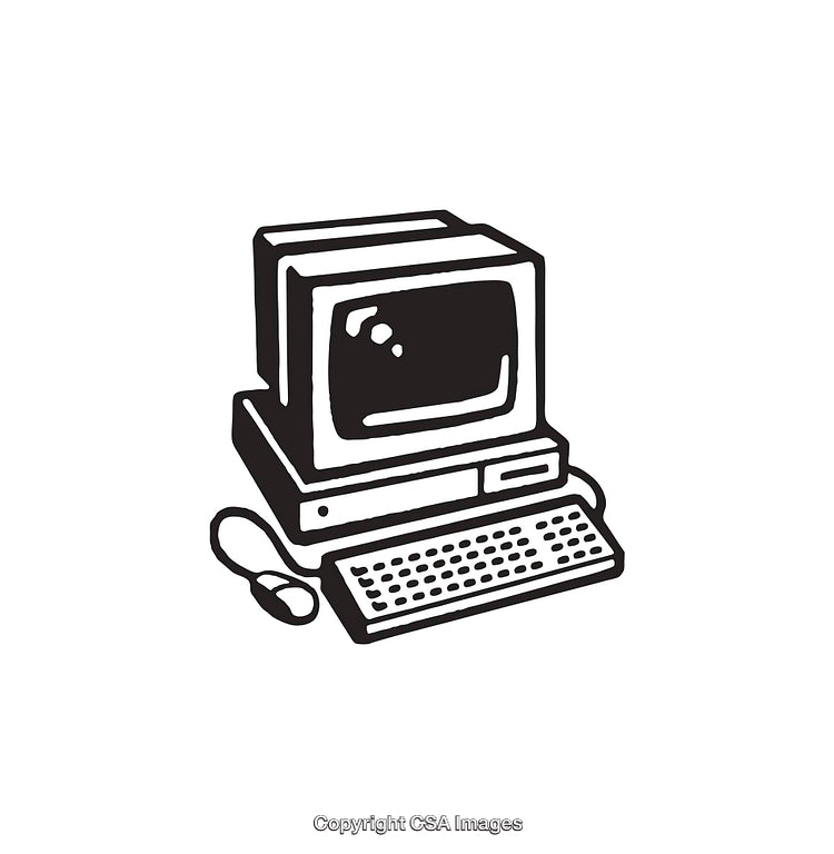 Retro Black and White Illustration of a Vintage Desktop Computer