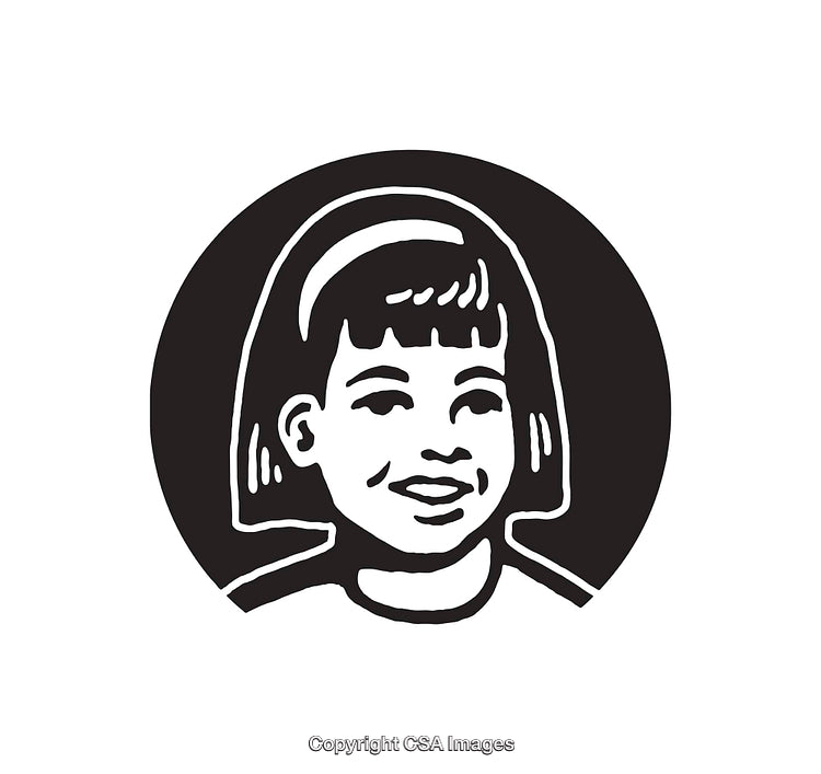 Black and White Line Art Illustration of a Smiling Girl in a Circle