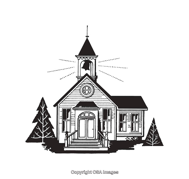 Rustic Country Church Illustration in Black and White Line Art