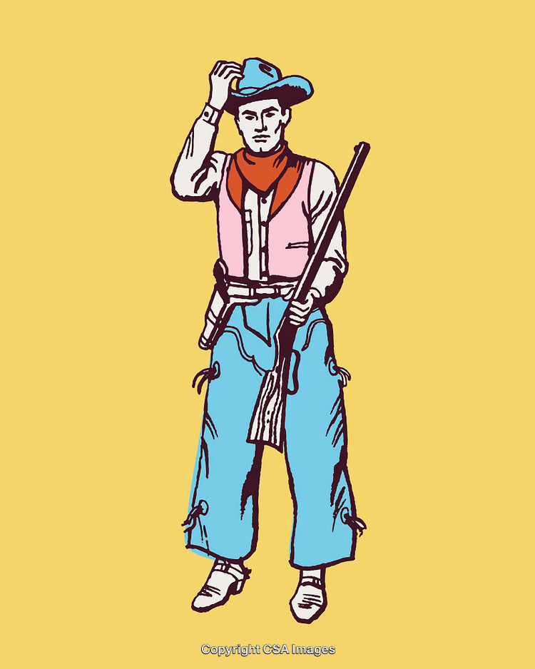 Colorful Illustration of a Cowboy Holding a Rifle on a Yellow Background