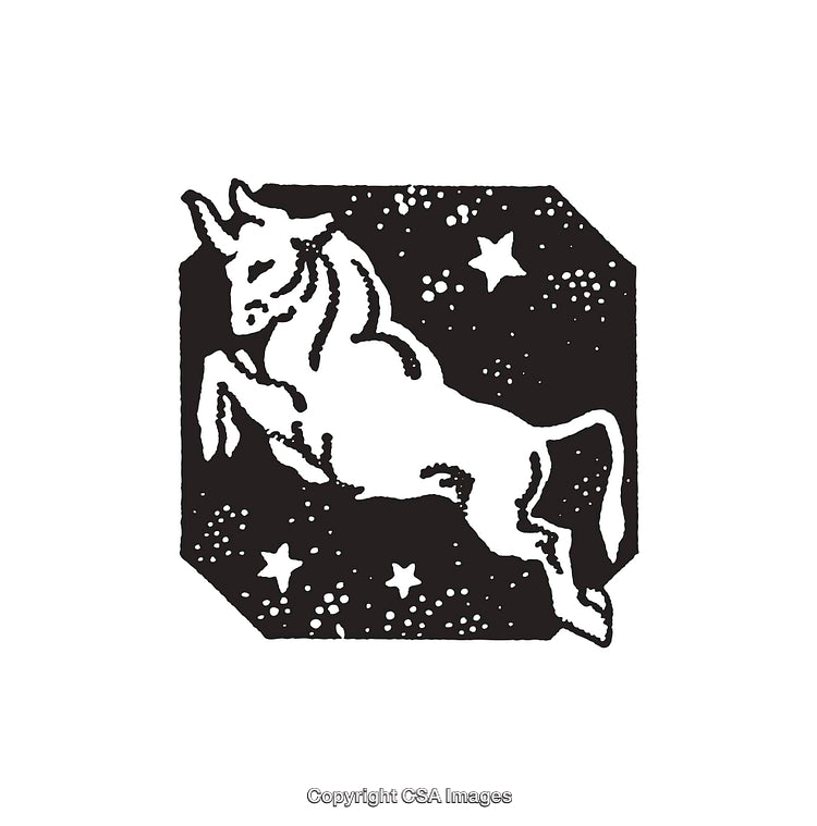Vintage Black and White Illustration of a Mythical Bull in a Starry Scene