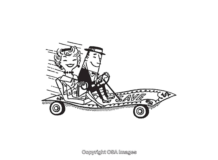 Retro Line Art of a Couple Riding a Savings Vehicle