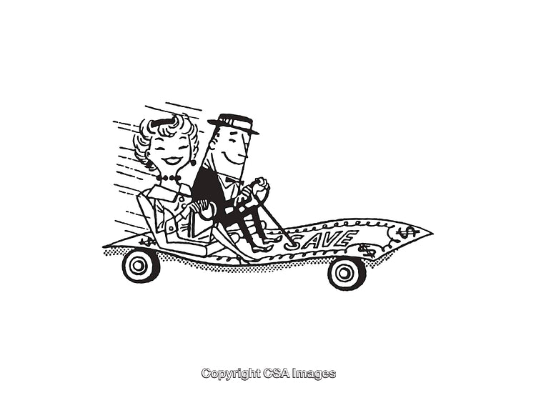 Retro Line Art of a Couple Riding a Savings Vehicle