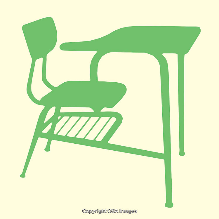 Green Line Art Illustration of School Desk and Chair on Beige Background
