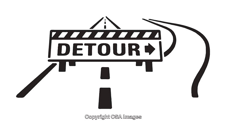 Black And White Illustration of a Detour Sign on a Road