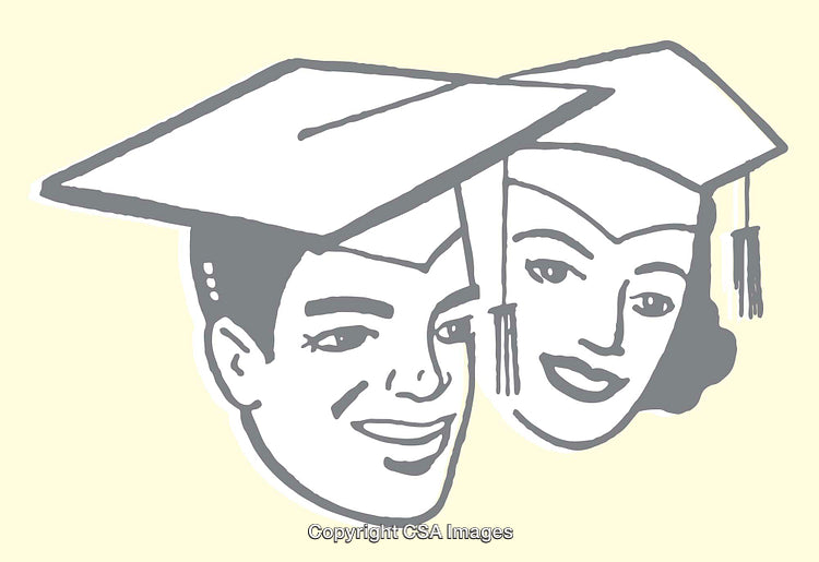 Artistic Line Illustration of Two Smiling Graduates in Academic Caps
