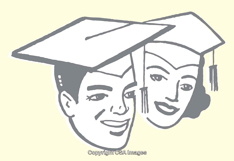 Artistic Line Illustration of Two Smiling Graduates in Academic Caps