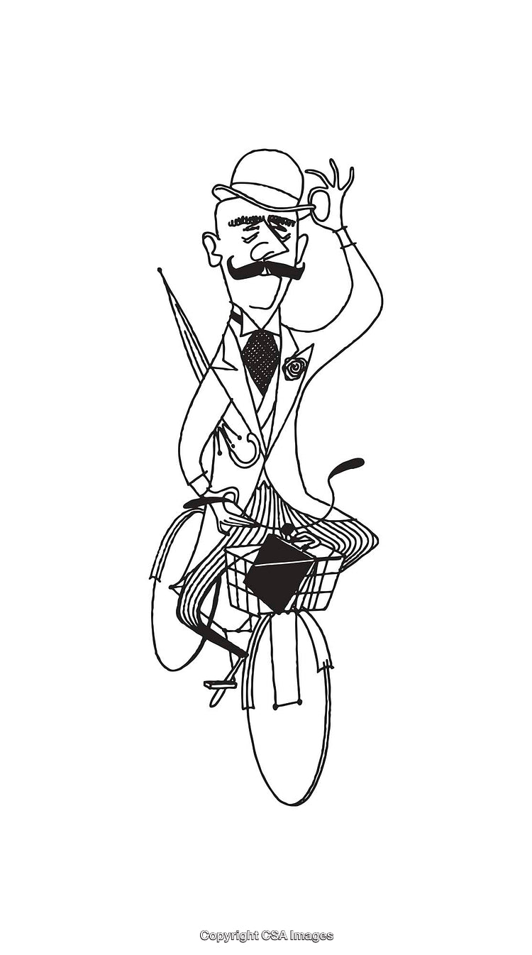Elegant Gentleman Riding a Bicycle with Umbrella and Bowler Hat Line Art